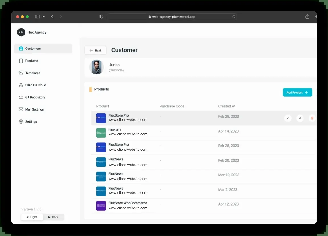 FluxBuilder white-label agency dashboard showing a client's product list with live apps like FluxStore Pro and FluxNews, each connected to the client's website