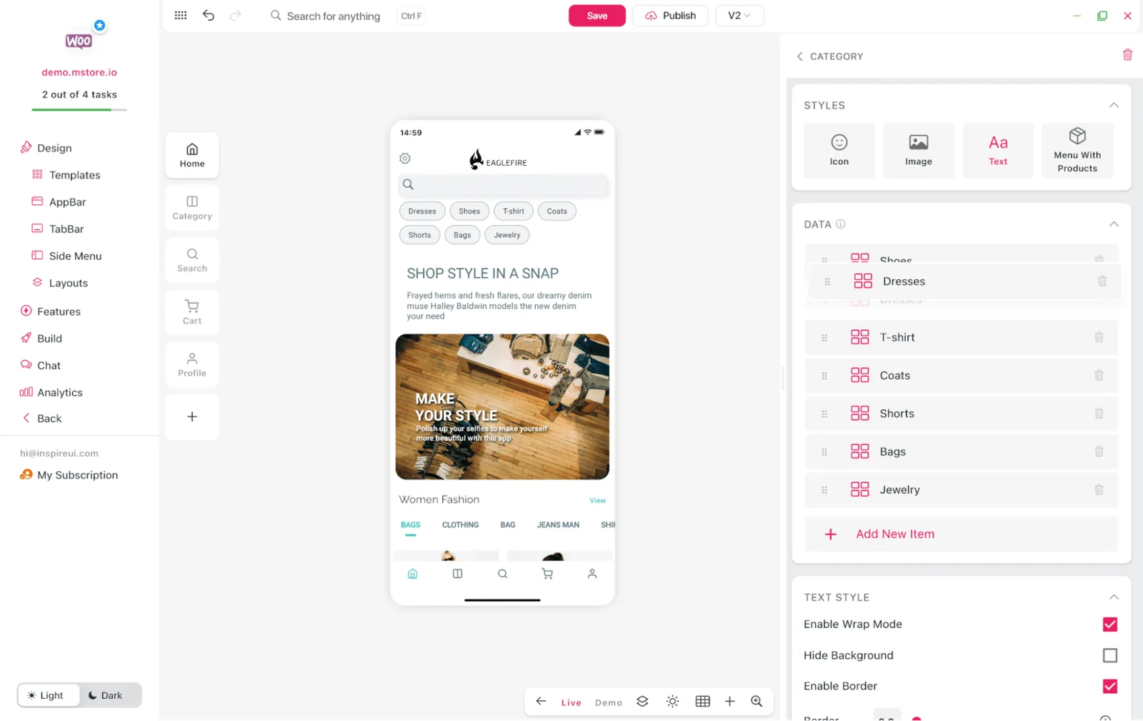 Drag-and-drop layout editing in FluxBuilder