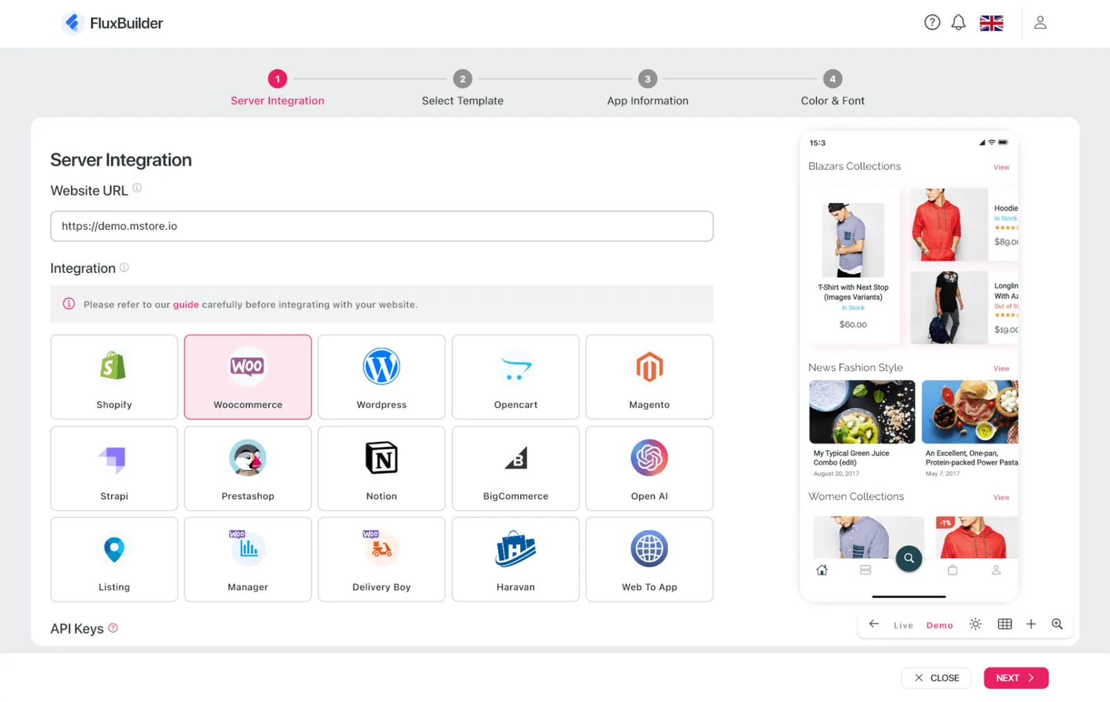 Connecting an online store to FluxBuilder