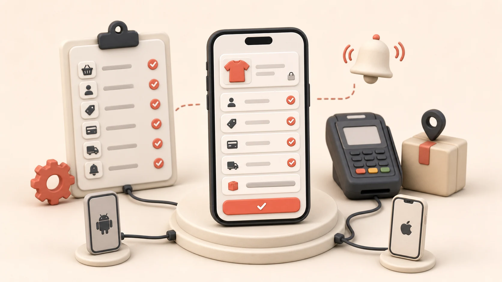 A mobile commerce launch checklist covering account, payment, delivery, and notifications