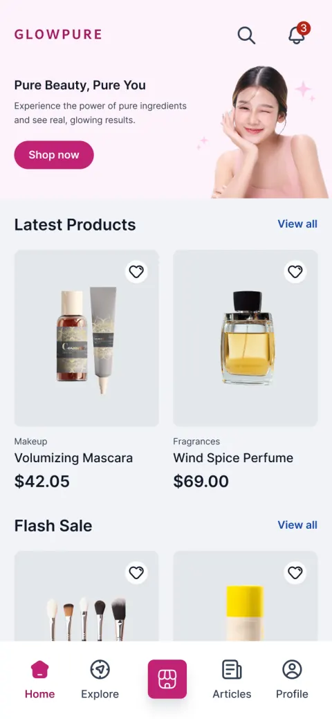 Pink Glow mobile app template created with FluxBuilder